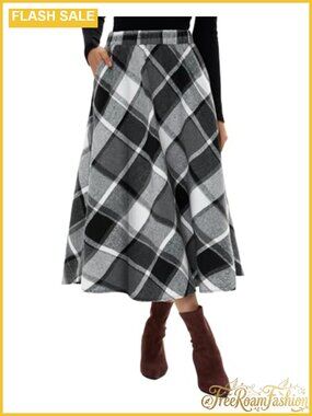 Women's Long Plaid Wool Blend A-Line Skirt High Waisted Pockets Fall Winter